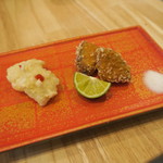 蕎麦懐石 義 - 30年7月　鱧天ぷら、水茄子おかき揚げ