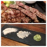 GYUBITTO～ギュビット～ - 和風ソースやお塩・わさびが添えられいます。食べ易くカットしてあります。思ったよりあっさりしていてこのお値段なら十分。ボリュームも満点です。