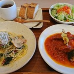 修善寺 no 洋食屋 - ハーフ＆ハーフの若鶏のトマト煮と本日のパスタのセット