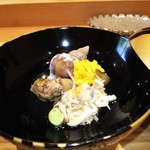 天ぷら たけうち - つぶ貝うま煮、ワタリガニ、焼きナス