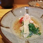 天ぷら たけうち - トマト、水菜、南関揚げのお浸し