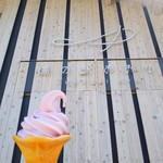 大湯えんがわカフェ - 鹿角市産カシスの特製ソフトクリーム 道の駅看板をバックに♪
