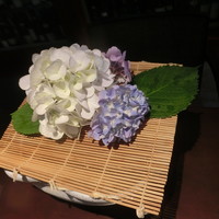 日本料理 TOBIUME - 紫陽花の下の器には本日のスペシャリテ長野県天竜川のあゆが元気に泳いてます