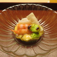 木山 - 先付　車海老　白芋茎　蓮根　一寸豆　黄味酢和え