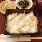 かも川 - レギュラーご飯。大盛り分は丸い入れ物に別盛りです。