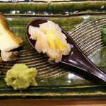 築地寿司清 - 鮑の煮付け、貝柱の柚のせ、水菜の煮びたし