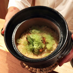 二条城ふる田 - 幸村鍋で炊かれたセリとほうぼうの御飯