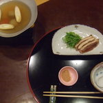 界 松本 - 煮物　合鴨とねぎの小鍋仕立て　特製八橋塩とともに