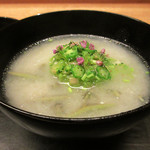 白 - 椀物コールラビのスープ/焼長芋 オクラ セロリを仕込み紫陽花の風情を