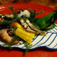 草喰 なかひがし - 鮎　もろこし味噌　川海老　もぎ茄子　百合根　モロッコサンド　鱧寿司　干しだら　生ぶし山椒