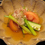 zekkeirotemburonoyadogimpasou - 冷鉢 (千種川ファームのトマト、南京、茗荷、オクラ、アスパラガス)