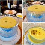 ＬＥ ＣＯＵＰＬＥ ＤＡＴＥ - トウモロコシの冷製スープ。中央に何かが落とされていて、その説明も受けたが、全く憶えていないオヤジ。