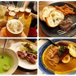 海老丸らーめん - 左上:乾杯 左下:シーザーサラダとグリーンピースのスープ 右上:レバーペーストとパン 右下:海老丸カルボナーラ