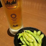Gokuraku Yu Shokujidokoro - 枝豆と生ビール(中ジョッキ)