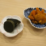 日本橋蛎殻町 すぎた - 馬糞雲丹の佃煮と鮑の肝の味噌漬け