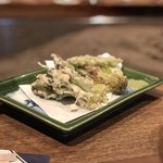 柳家 - 山菜の天ぷら(タラの芽、コゴミ、コシアブラ、山ウドの茎、行者にんにく、山ウド、フキの葉、フキの花)
