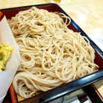 木挽町砂場 - 蕎麦は挽きぐるみが見られず単色、やや細め。非常に長い麺なのが特徴的