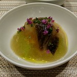 SUGALABO - 揚げ浸しのかもなす　京都宮津漁港のとりがい　北海道礼文島の雲丹とともに山葵のジュレかけ