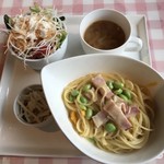 食彩厨房golosita - ベーコンとかぼちゃと枝豆のクリームパスタ< サラダ・スープ・ドリンク・デザート付き>¥1240 + 税