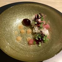 オルト - 鱧。すもものソースにミョウガのシャーベット、アメリカンチェリーのピクルスと一緒に頂くさっぱりなお料理。