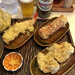 うどん 丸香 - 海老天 + ちくわ天（海老ちくわ） + かしわ天