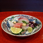 祇園もりわき - 淡路産の伝助穴子、本鮪トロ、キス、ヤリイカ、真鯛の刺身盛合せ