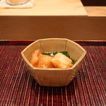 おが和 - 太刀魚の天婦羅とモロヘイヤと蕪の出汁餡がけ