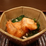 太刀魚の天婦羅とモロヘイヤと蕪の出汁餡がけアップ