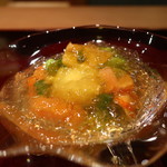 二条城ふる田 - とうもろこし豆腐、車海老、夏野菜の加減酢ジュレがけアップ