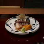 二条城ふる田 - 太刀魚の藁叩き焼き、つぶ貝、大間の雲丹の盛合せ