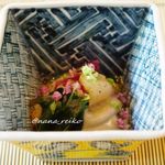 白金台こばやし - 先付・焼いた大阪の馬場ナス、ポタージュ、北海道のつぶ貝