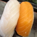 錦州寿司 - ランチ生にぎり寿司　サーモンと白身のアップ【２０１８年７月】