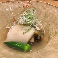 御幸町 田がわ - 黒鮑　赤海胆　百合根　芋茎　葱　おくら