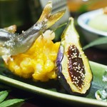 御幸町 田がわ - ②トウモロコシのかき揚げ＆③小茄子の田楽