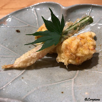 日本料理 e. - 玉蜀黍と水前寺海苔､谷中生姜の天ぷら