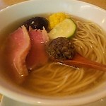 酒楽亭 空庵 - トッピング…コーン・どんこ(椎茸)・ズッキーニ・鴨肉
                             そしてレンゲに盛られた タルトゥファータ