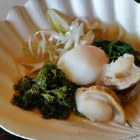 南部曲屋 - 帆立、おかひじき、青さのりの味噌貝焼き。