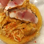 アビタコロ - 様々な野菜を使ったひんやりスッキリのガスパチョと、香ばしく炙った鯵、コシのあるフェデリーニがマッチ