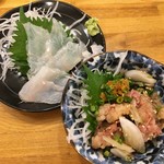 天ぷら やまざき屋 - 天然平目の刺身&鯨のスジポン酢