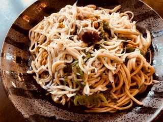 Sakanaryouri wotabetesobade shimerumisetakagi - 夏限定　梅しらす蕎麦