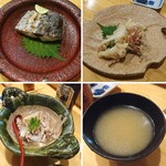墨や - さわら、エンペラの天ぷら、鯛のあら炊き、〆の味噌汁