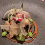 ハタのフリットとウイキョウ　黒ロメスコソース 