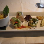 マザーエスタ - とうもろこしのムース　エビと野菜の生春巻　ズッキーニのロール　カボチャと茄子のフリット