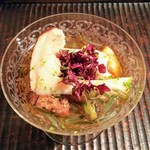 京天神 野口 - 先付け、アワビ、松茸、ジュンサイ、焼き茄子