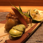 丸新 - 蚕豆と茗荷の甘酢漬とぐじの若狭焼