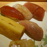 鮨匠なか川 - 鮪づけ・鯛・トロ・玉子・カマス炙り