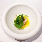 OTTO SETTE - 「協調」 スズキのグリル・サフランソース。アスパラ・玉ねぎ・カブが隠れており、どれも甘い！