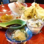 Shunsai Okumura - ナスとジュレ、お造り、天ぷら、生麩の白和え、クラゲの酢の物