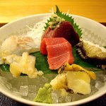 鮨 仙一 - お刺身　マグロ釜　マグロトロ　アワビ　ツブ貝　青柳　鯛