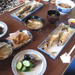 Otokoyama Gyojou - 鮎の塩焼き、鮎の吸い物、稚鮎の天ぷら、鮎飯（味噌汁付き）、漬物